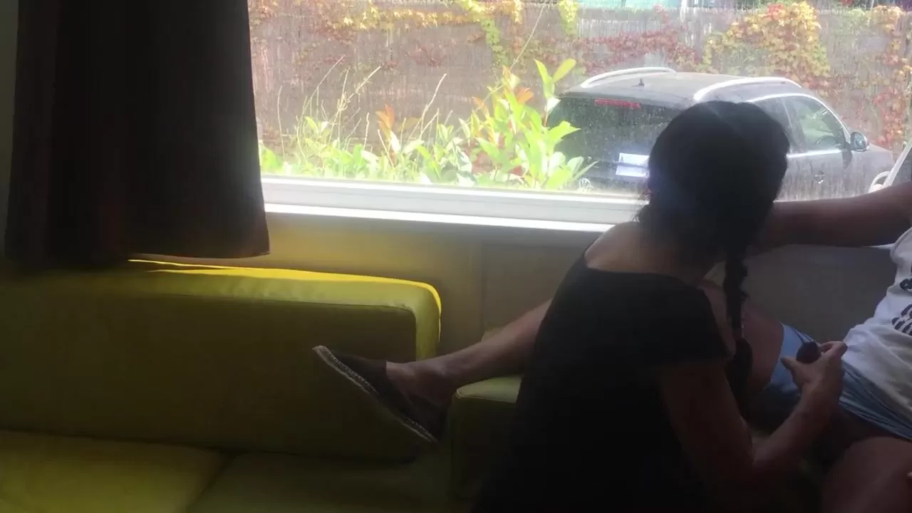 Wife giving risky blowjob in front of window in a camping watch online image photo