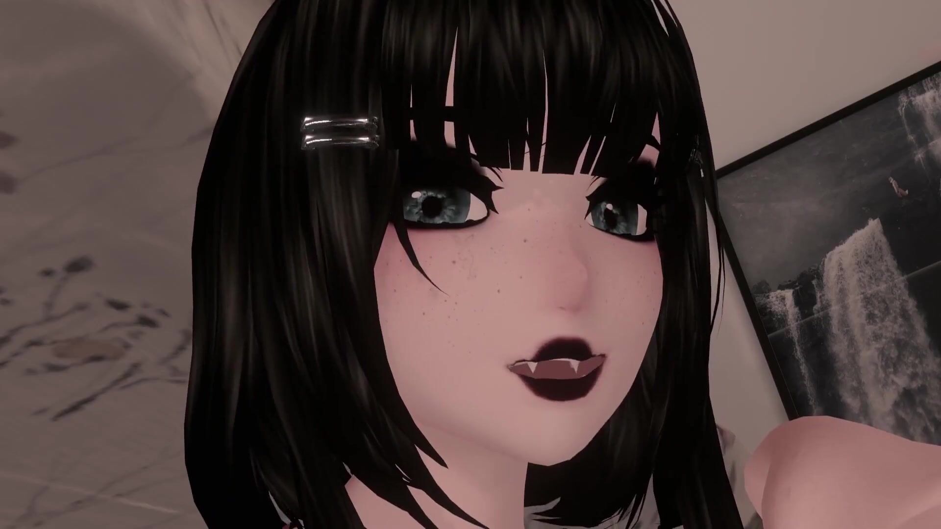 Sweet Romantic kiss and cuddle VR Virtual Goth GF comforts you during thunderstorm viewer POV watch online image